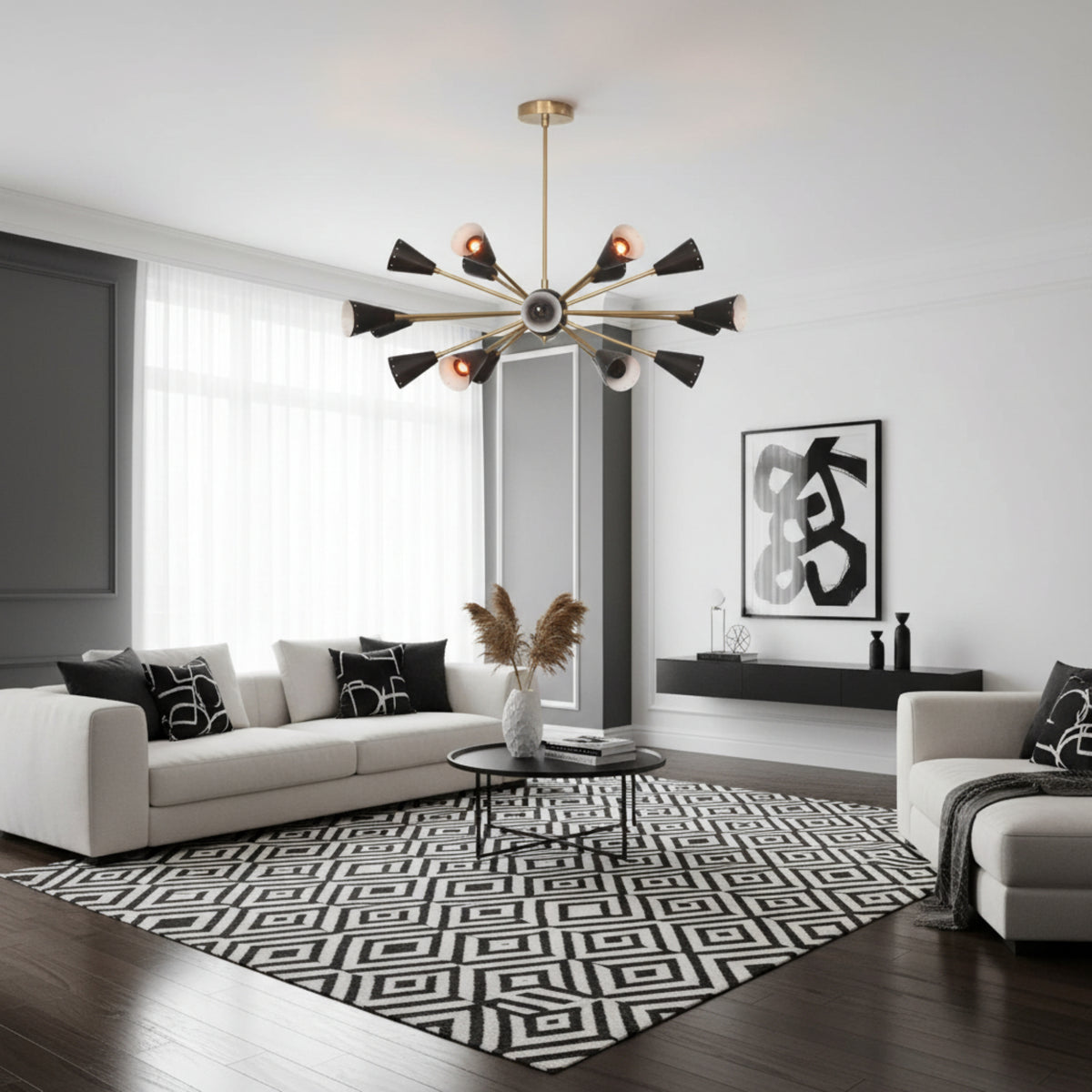Alexandria 18 light black cone Sputnik chandelier shown from the front with brass-tone radial arms and contrasting white shade interiors.