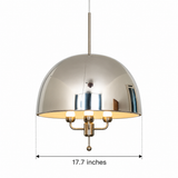 Dimension diagram of the Alexandria polished chrome dome pendant showing a 17.7-inch diameter, reflective hemispherical shade, warm gold-tone interior, and decorative multi-light assembly.