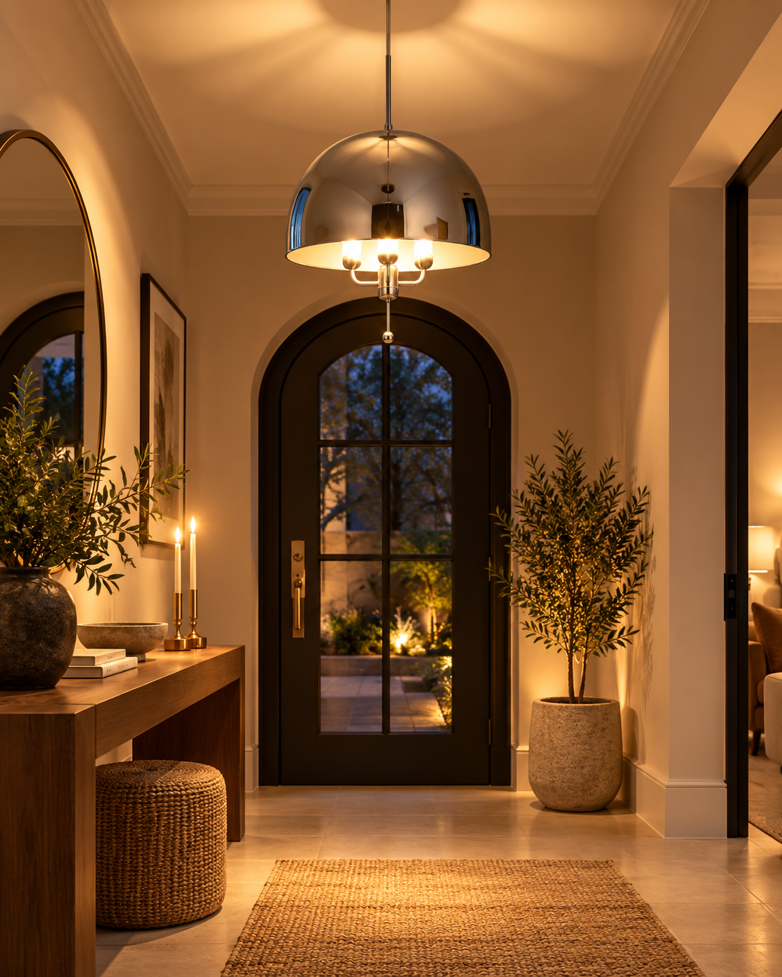 Alexandria polished chrome dome pendant illuminating an elegant entryway featuring an arched glass front door, wooden console table, decorative greenery, neutral walls, and warm evening lighting.