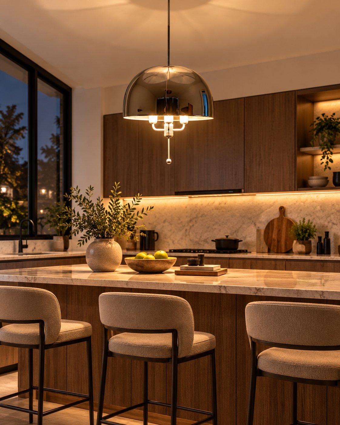 Alexandria reflective chrome dome pendant hanging above a marble kitchen island with upholstered counter stools, walnut cabinetry, and warm ambient lighting in a sophisticated contemporary kitchen.