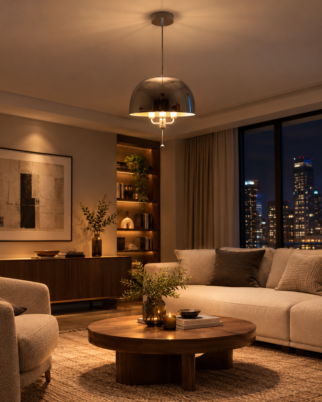 Alexandria polished chrome dome pendant illuminating a luxurious contemporary living room with a cream sectional sofa, round walnut coffee table, warm wooden shelving, and evening city skyline views.