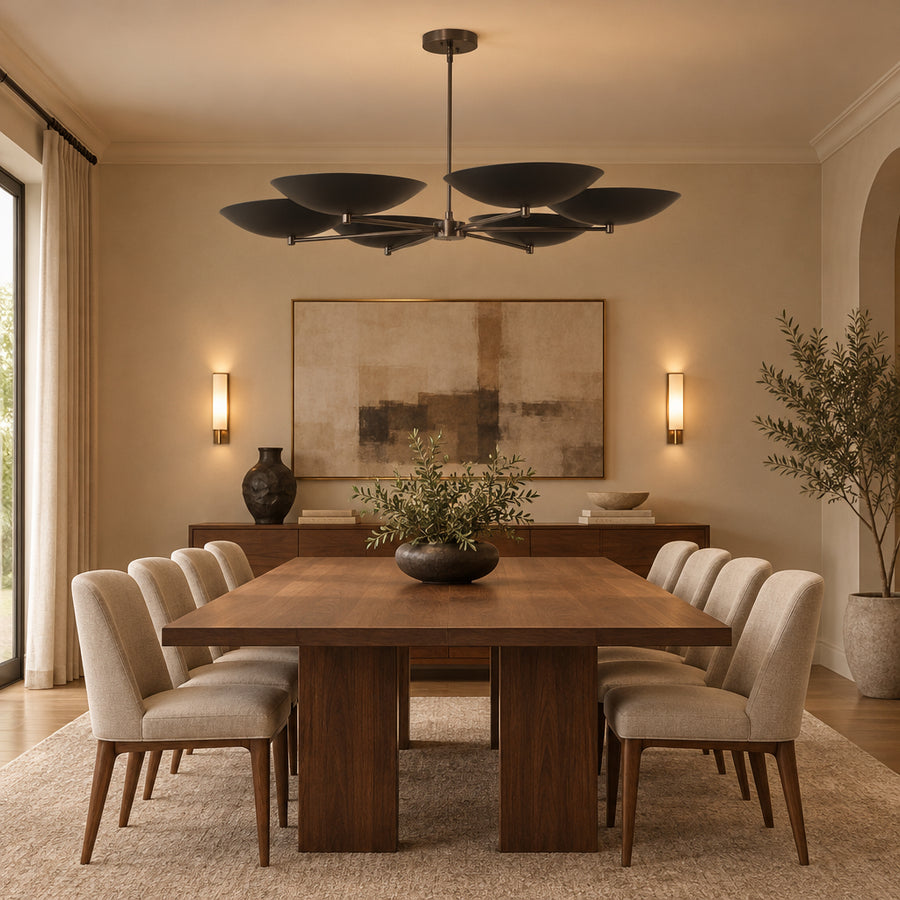Angled view of Amalfi 6-light chandelier featuring black bowl-shaped metal shades and brass-tone branching arms in a Mid-Century Modern design.