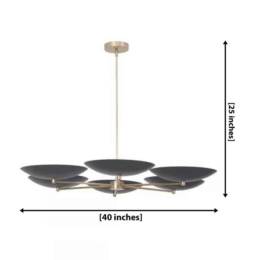 Angled view of Amalfi 6-light chandelier featuring black bowl-shaped metal shades and brass-tone branching arms in a Mid-Century Modern design.