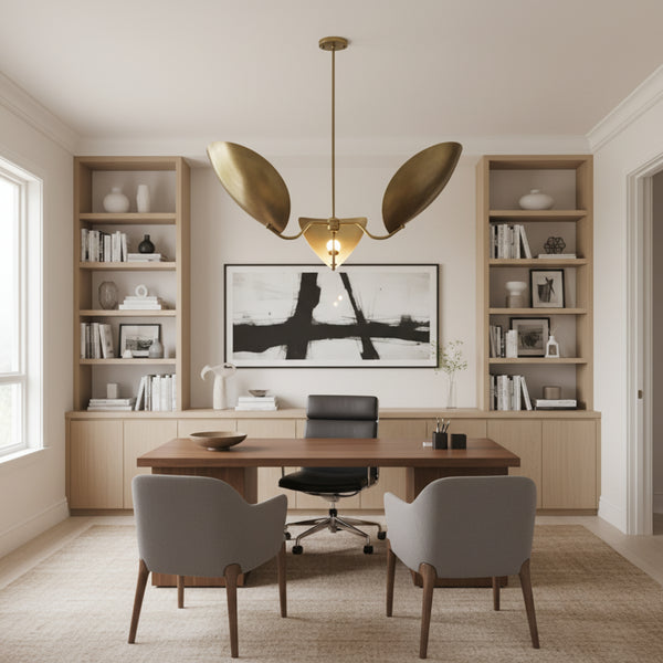 Amalfi 3 light aged brass sculptural leaf chandelier illuminated to highlight its curved metal shades and warm ambient glow.