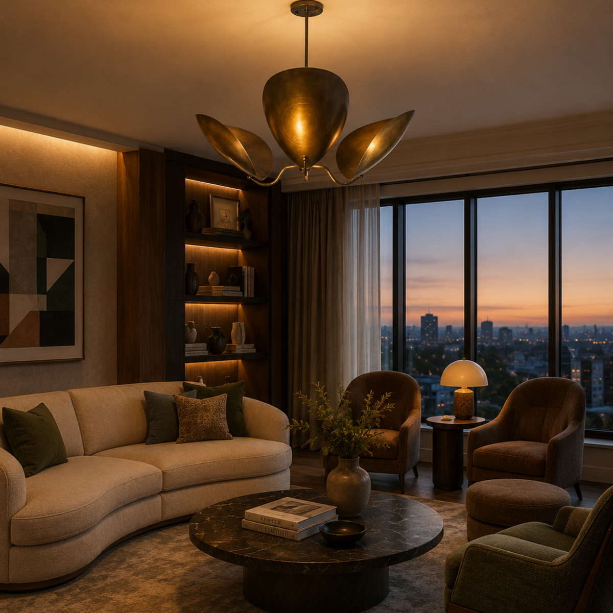 Amalfi 3 light aged brass sculptural leaf chandelier installed in an elegant contemporary living room with warm ambient lighting.