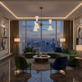 Amsterdam 6 light white double cone chandelier shown from an angled view with perforated shade detailing and brass arms.