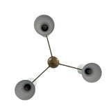 Amsterdam 6 light double cone chandelier shown from below highlighting the three-arm layout, white shades, and brass center.