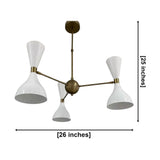 Amsterdam 6 light white and brass chandelier dimension view showing 26 inch width and 25 inch overall height.