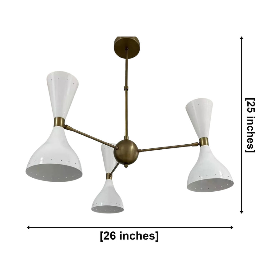 Amsterdam 6 light white double cone chandelier illuminated with a warm glow and contrasting satin brass framework.
