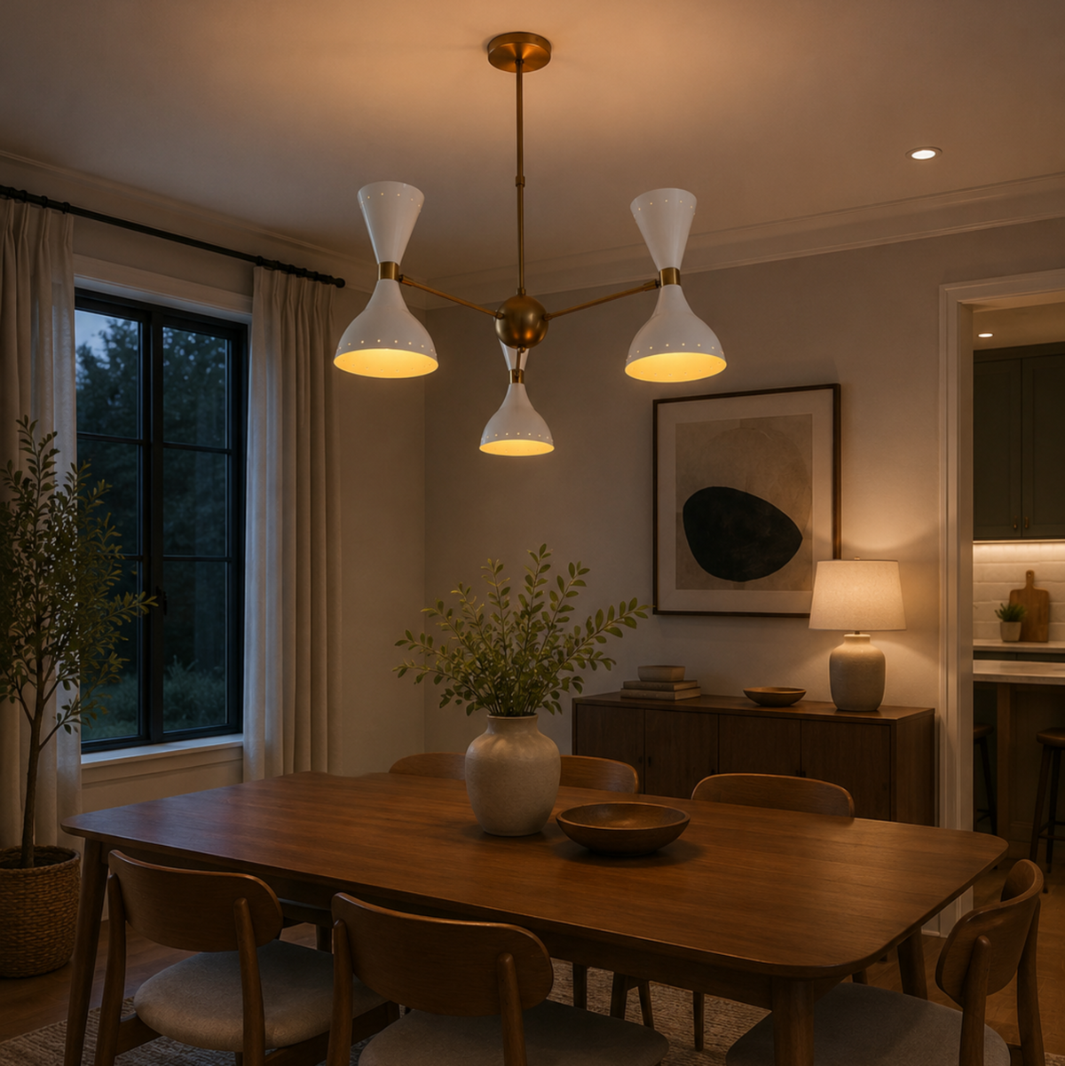 Amsterdam 6 light white and brass double cone chandelier illuminated above a modern dining table in a warm contemporary interior.