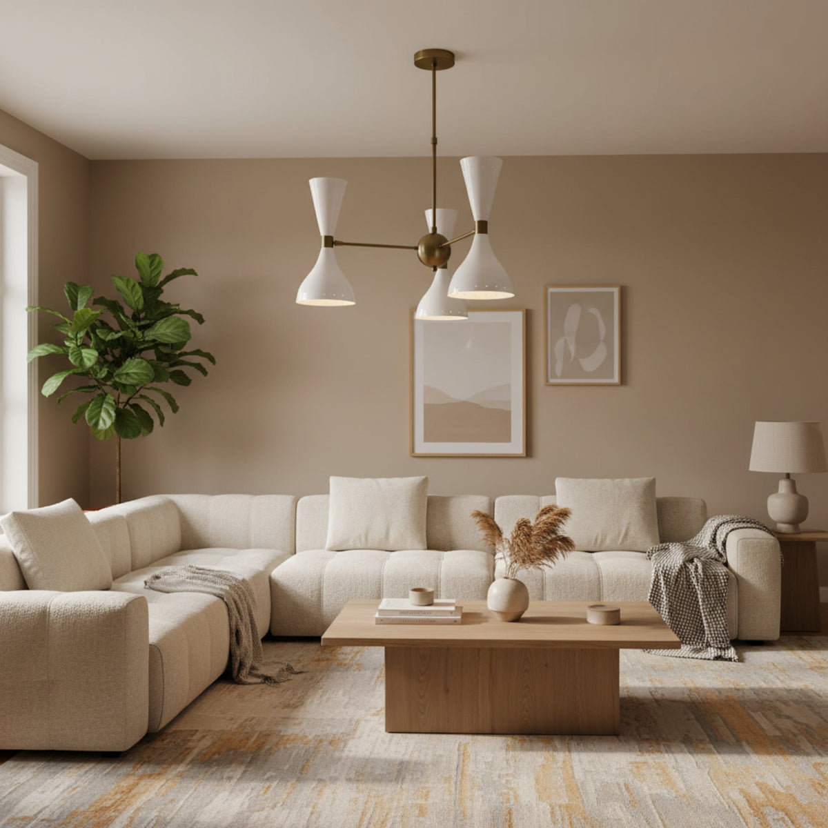 Amsterdam 6 light white double cone chandelier shown from the front with satin brass arms and a sculptural central hub.