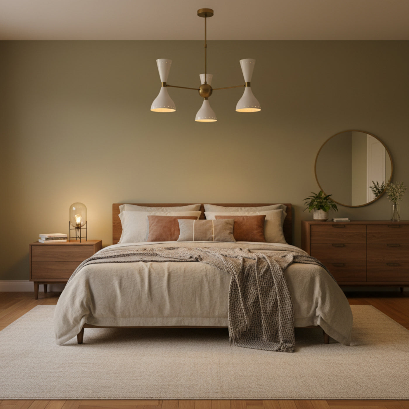 Amsterdam 6 light white double cone chandelier illuminated with a warm glow and contrasting satin brass framework.