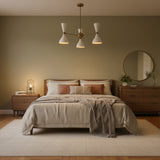 Amsterdam 6 light white double cone chandelier illuminated with a warm glow and contrasting satin brass framework.