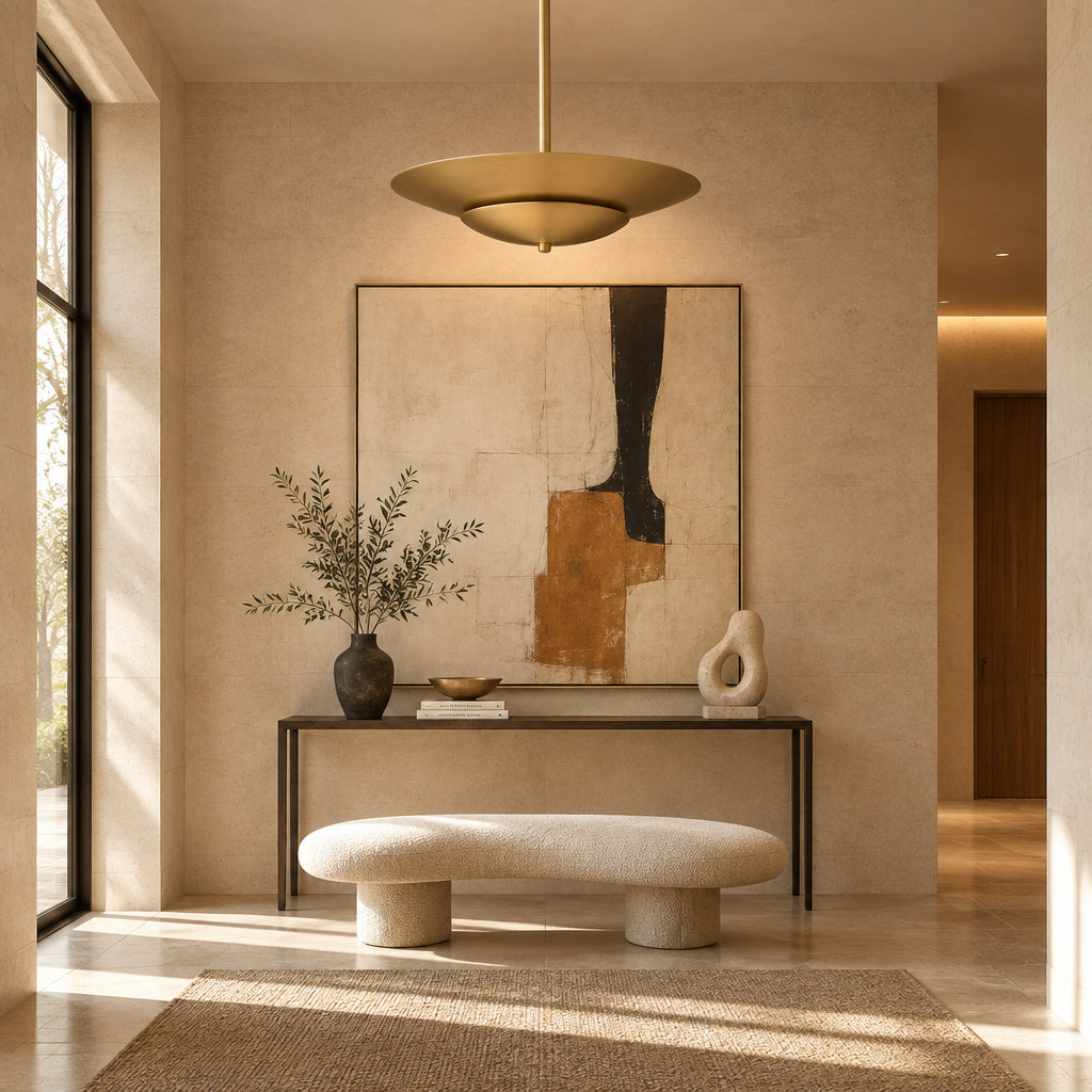 Amsterdam 5 light brass layered disc chandelier featuring a slender downrod and sculptural Mid-Century Modern silhouette.