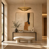 Amsterdam 5 light brass layered disc chandelier featuring a slender downrod and sculptural Mid-Century Modern silhouette.