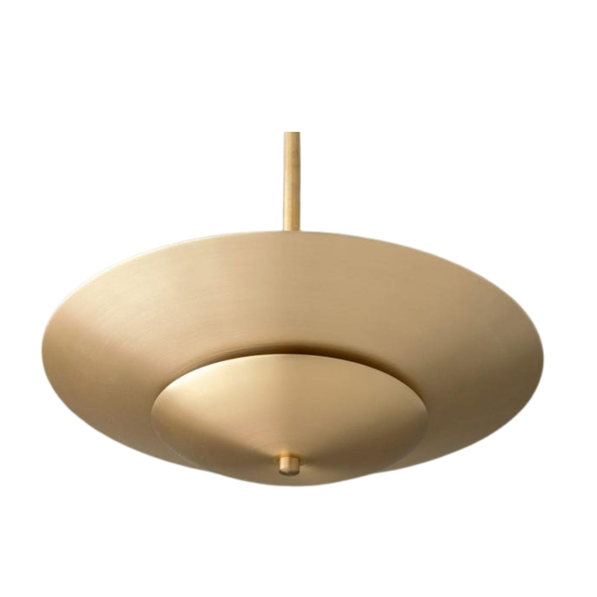 Close-up view of the Amsterdam 5 light chandelier highlighting its layered brass-tone discs and smooth sculptural metal finish.