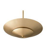 Close-up view of the Amsterdam 5 light chandelier highlighting its layered brass-tone discs and smooth sculptural metal finish.