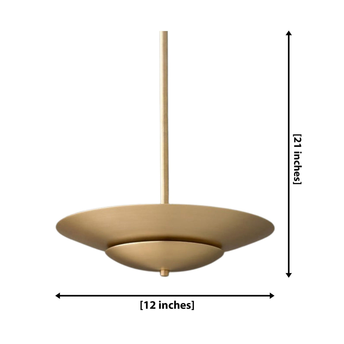 Amsterdam 5 light brass layered disc chandelier dimension view showing 12 inch width and 21 inch overall height.
