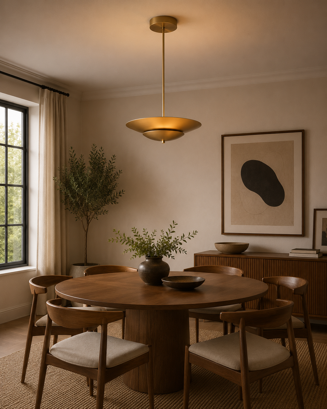 Amsterdam 5 light brass layered disc chandelier displayed above a round wood dining table in a warm Mid-Century Modern dining room.