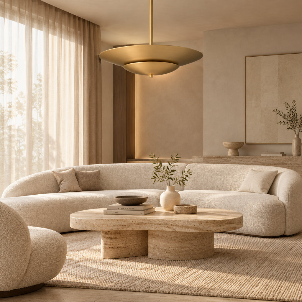 Amsterdam 5 light brass chandelier shown from the front with a wide saucer-shaped upper disc and curved lower metal layer.