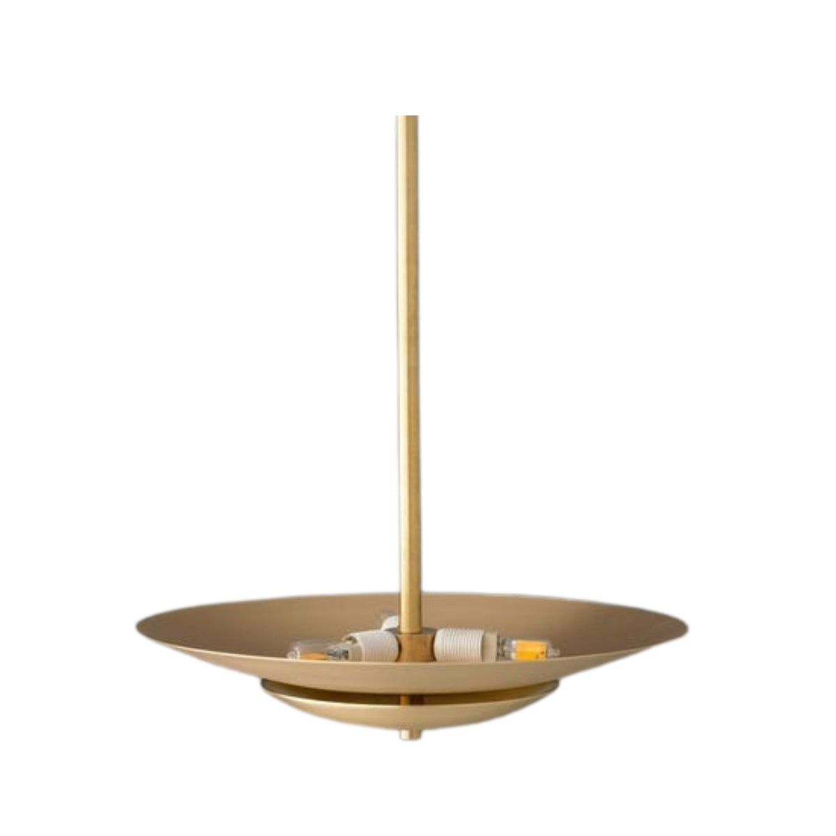 Amsterdam 5 light brass layered disc chandelier shown from an open upper view highlighting the internal light arrangement and sculptural saucer design.
