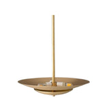 Amsterdam 5 light brass layered disc chandelier shown from an open upper view highlighting the internal light arrangement and sculptural saucer design.