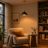 Antwerp 1 light black cone pendant shown from an angled lower view with brass-tone hardware and exposed globe bulb.