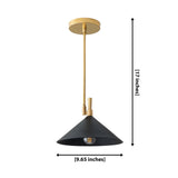 Antwerp 1 light black and brass cone pendant dimension view showing 9.65 inch width and 17 inch overall height.
