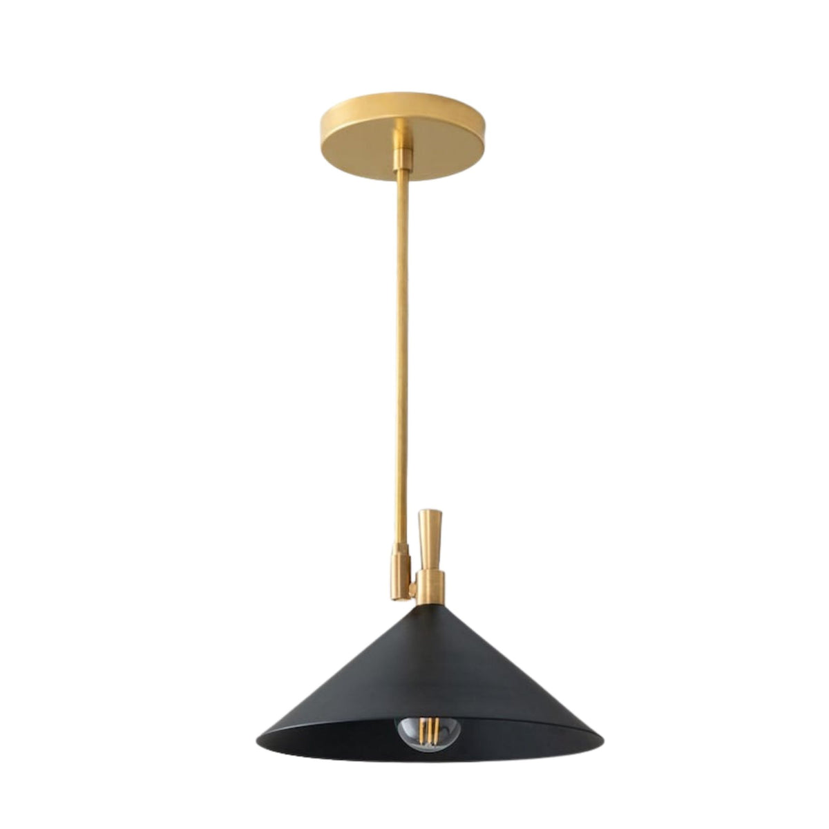 Antwerp 1 light black cone pendant shown from the front with warm brass-tone downrod, canopy and exposed bulb.