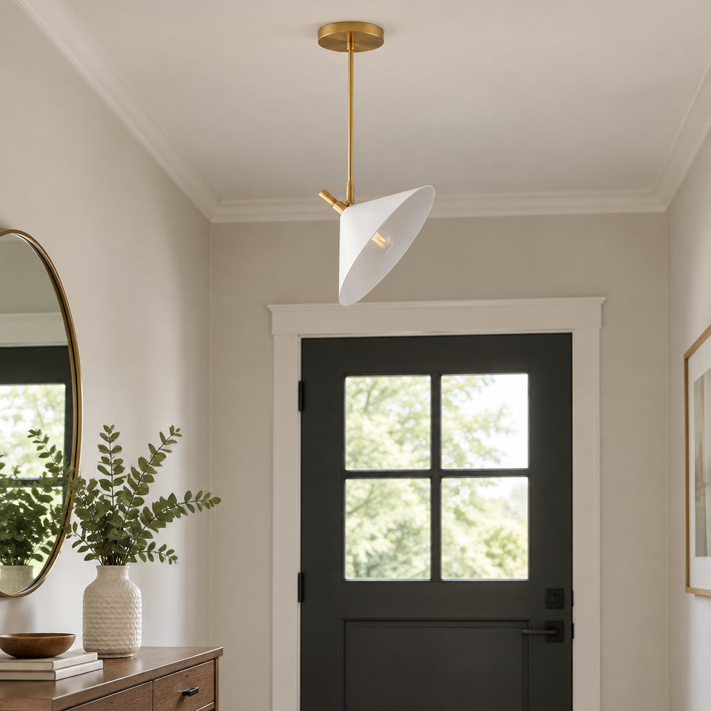 Antwerp 1 light cone pendant shown with white metal shade, brass-tone downrod and adjustable sculptural accent.