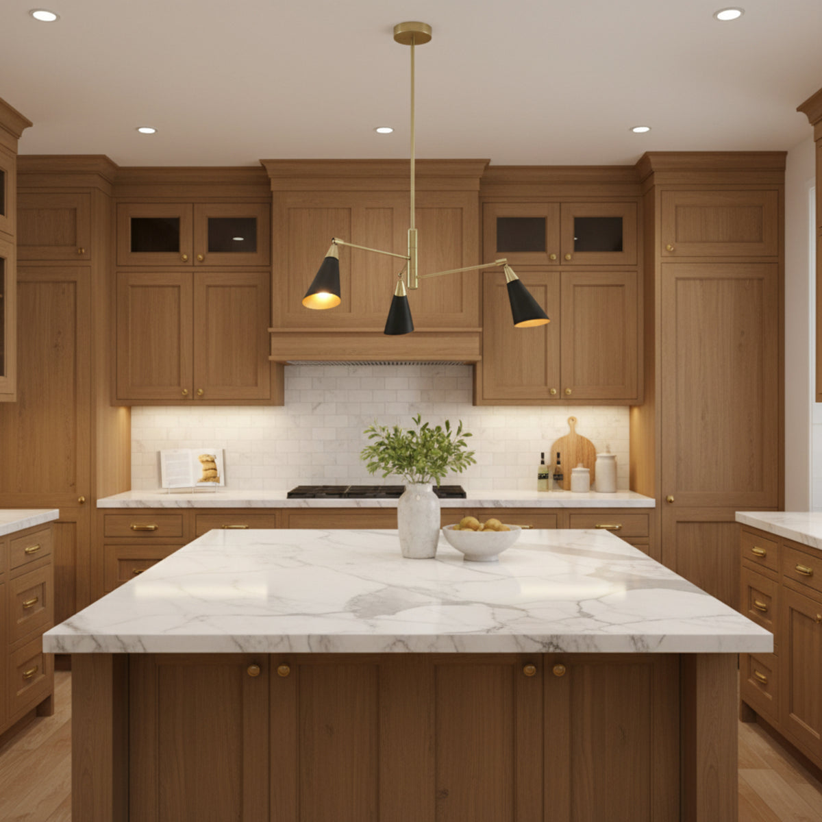 Antwerp 3 light black cone chandelier shown from an angled view with warm illuminated interiors and brass accents.