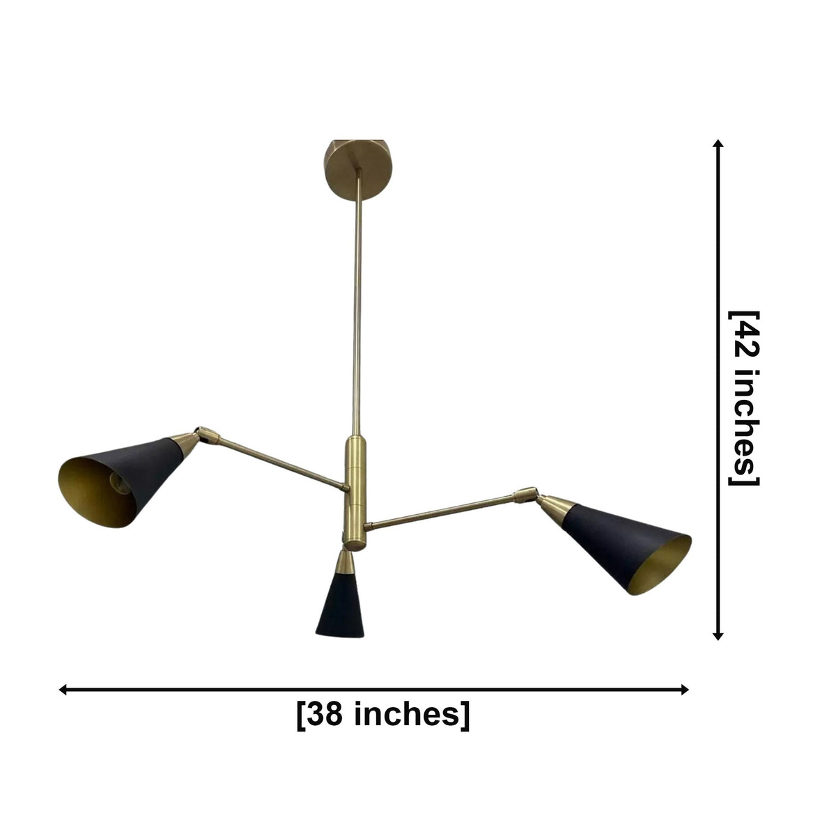 Antwerp 3 light brass and black cone chandelier dimension view showing 38 inch width and 42 inch height.