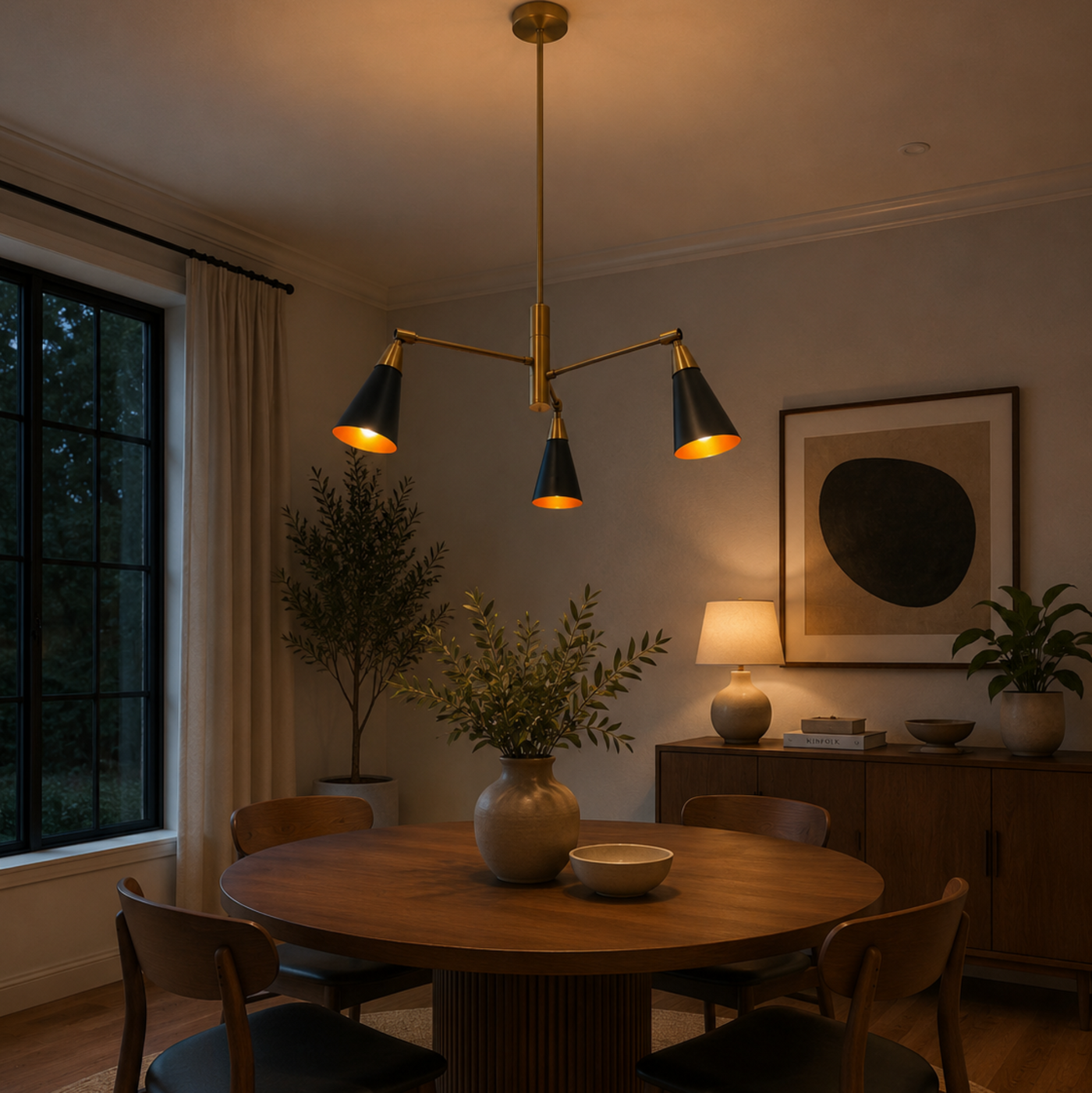Antwerp 3 light brass and black cone chandelier illuminated above a modern dining table in a warm Mid-Century interior.