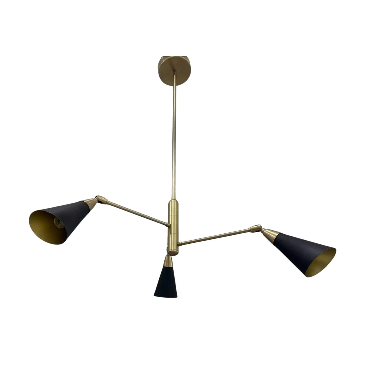 Antwerp 3 light Mid-Century Modern chandelier featuring black tapered cone shades and brass tone arms.