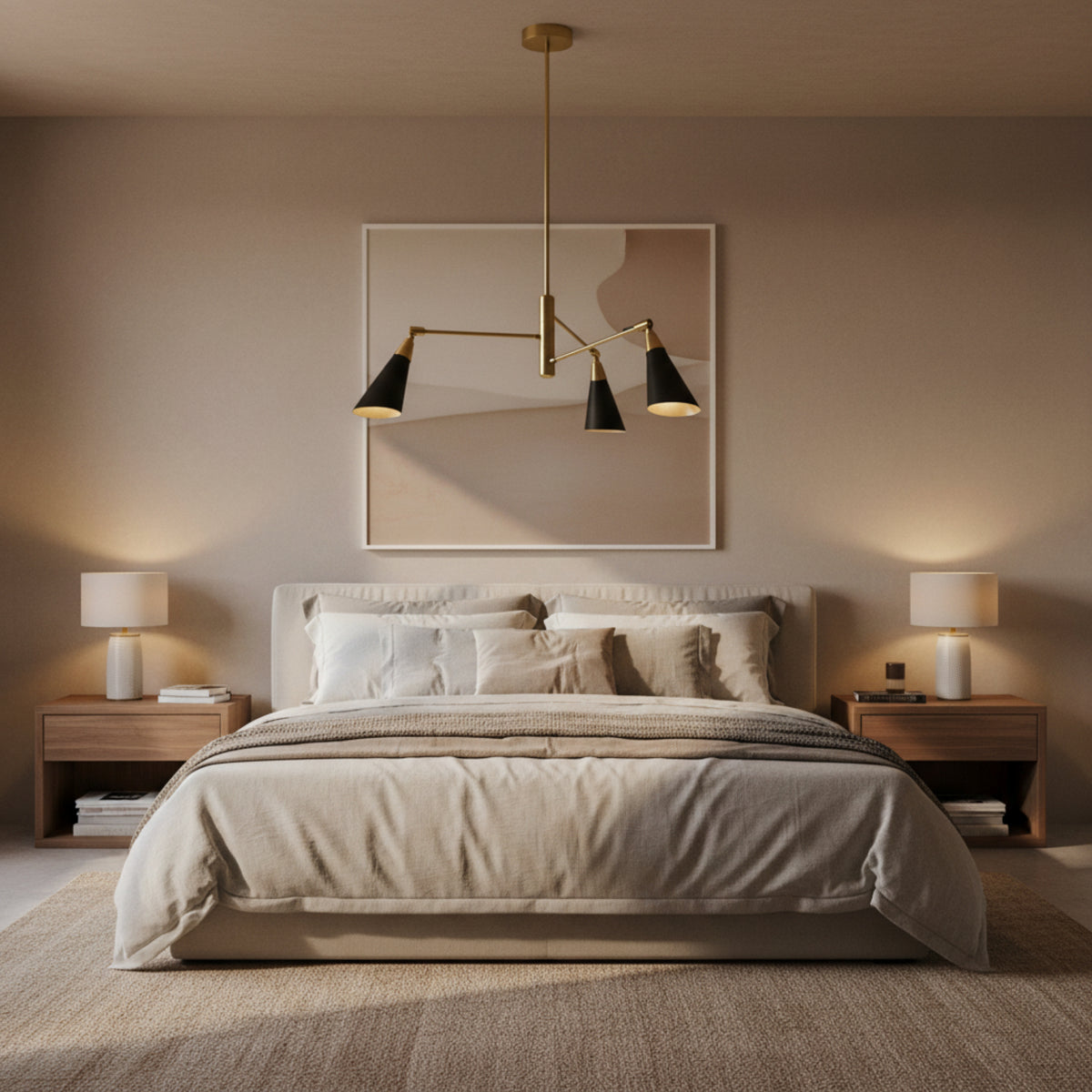 Antwerp 3 light asymmetrical chandelier shown from a side angle with tapered black metal shades and brass arms.