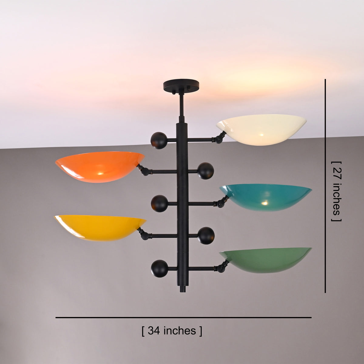 Arcadia Multi Bowl Chandelier shown with 34 inch width and 27 inch overall height dimensions.