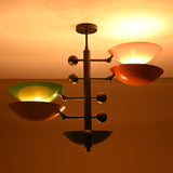 Front view of Arcadia Multi Bowl Chandelier with colorful bowl shades and sculptural central column design.