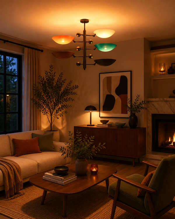 Arcadia Multi Bowl Chandelier installed in a cozy living room with warm ambient lighting and colorful shades.