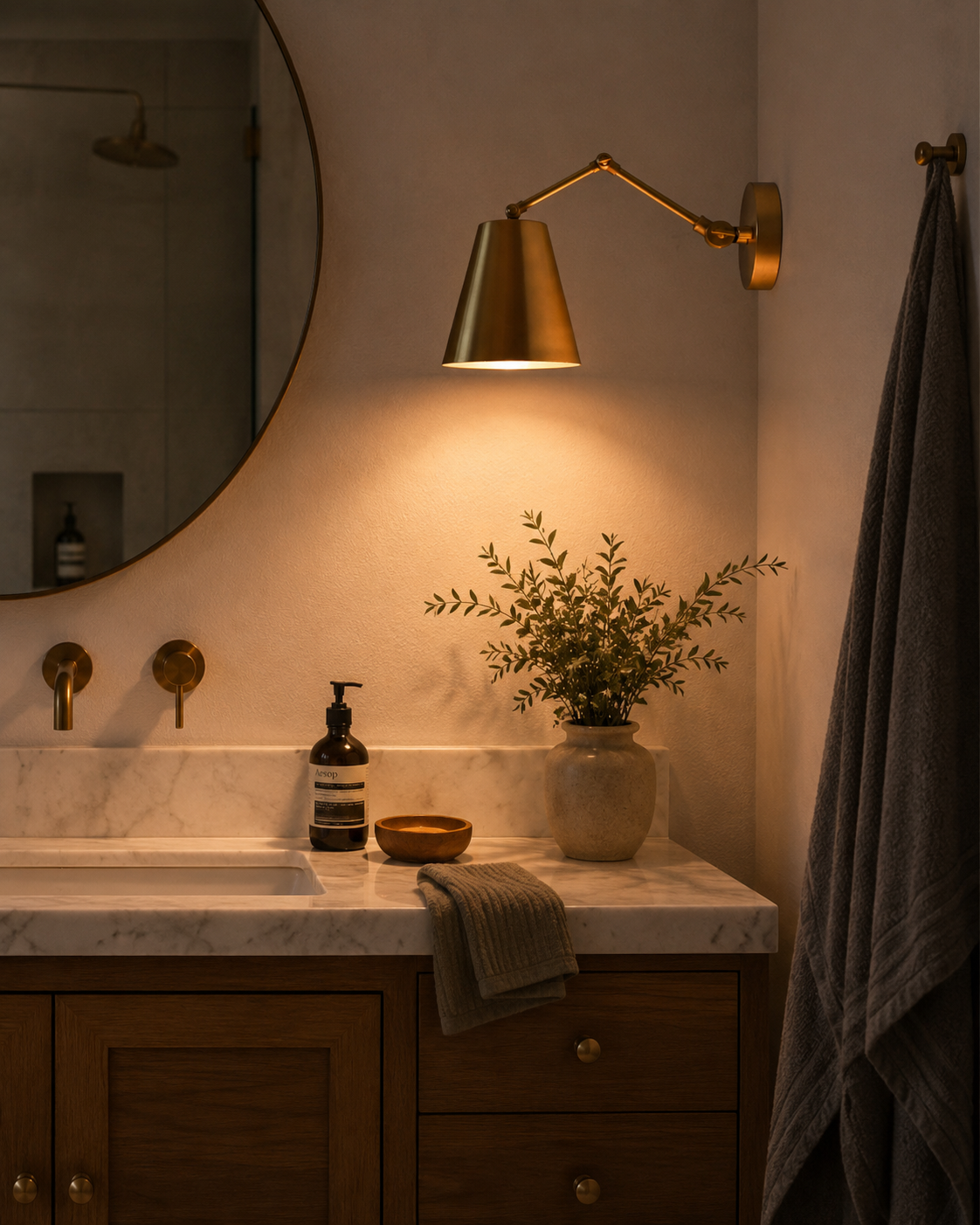 Arden Modern Adjustable Cone Wall Sconce installed above a bathroom vanity, providing warm focused lighting with an adjustable swing arm.
