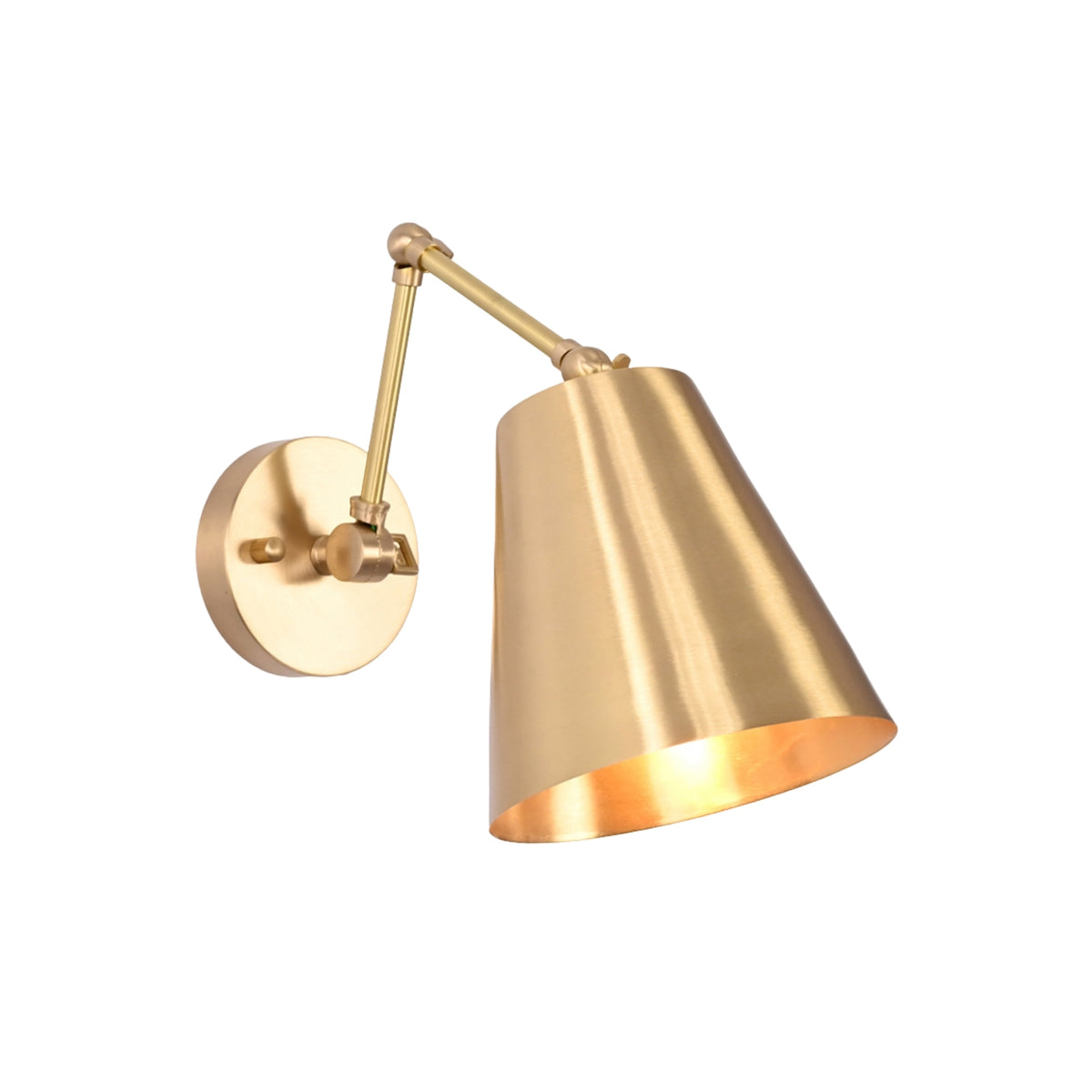 Close-up detail of the Arden Modern Adjustable Cone Wall Sconce emphasizing the tapered cone shade and precision adjustable joints.