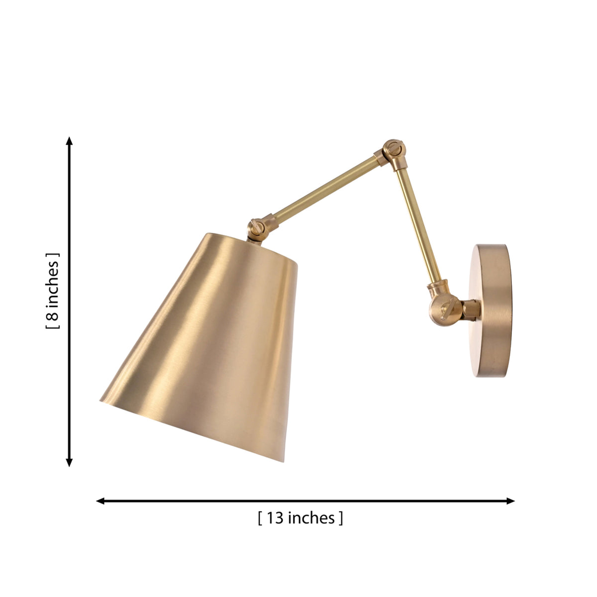Dimension view of the Arden Modern Adjustable Cone Wall Sconce featuring an adjustable swing arm with an 8-inch height and 13-inch extension.