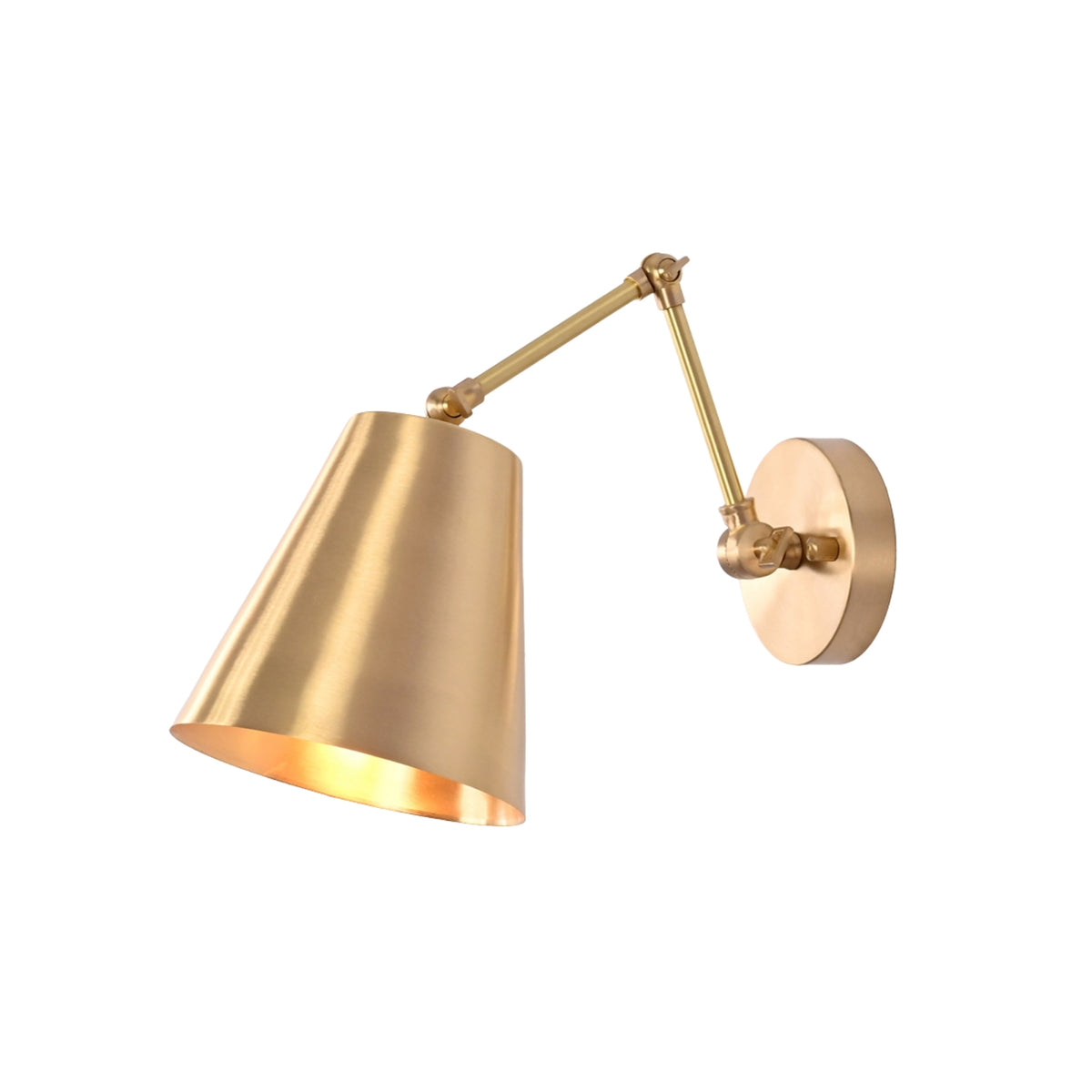 Side perspective of the Arden Modern Adjustable Cone Wall Sconce featuring an articulated arm for flexible task lighting.