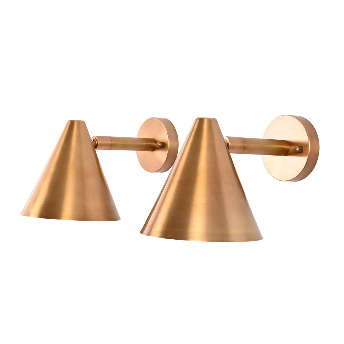 Angled studio view of the Aria handcrafted tapered cone brass wall sconce highlighting its clean minimalist profile.