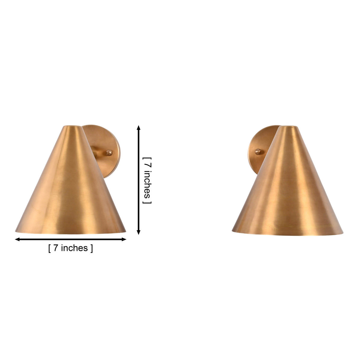 Dimension drawing of the Aria modern tapered cone brass wall sconce measuring 7 inches wide and 7 inches high.