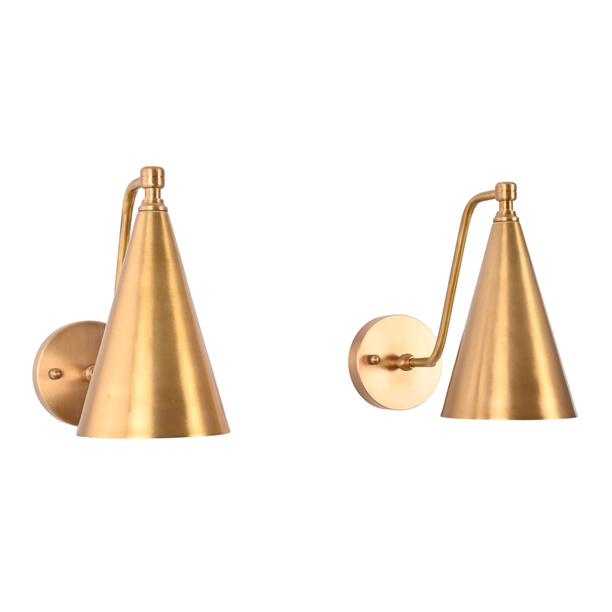 Front view of the Aria modern tapered cone brass wall sconce showcasing its handcrafted tapered cone shade and elegant bent arm design.