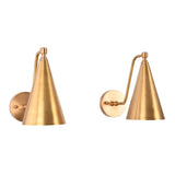 Front view of the Aria modern tapered cone brass wall sconce showcasing its handcrafted tapered cone shade and elegant bent arm design.
