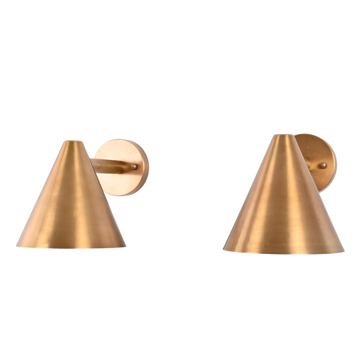 Studio view of the Aria modern tapered cone brass wall sconce showing the handcrafted cone shade and round wall backplate.