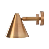 Side profile of the Aria tapered cone brass wall sconce showing the extended wall arm and circular mounting plate.