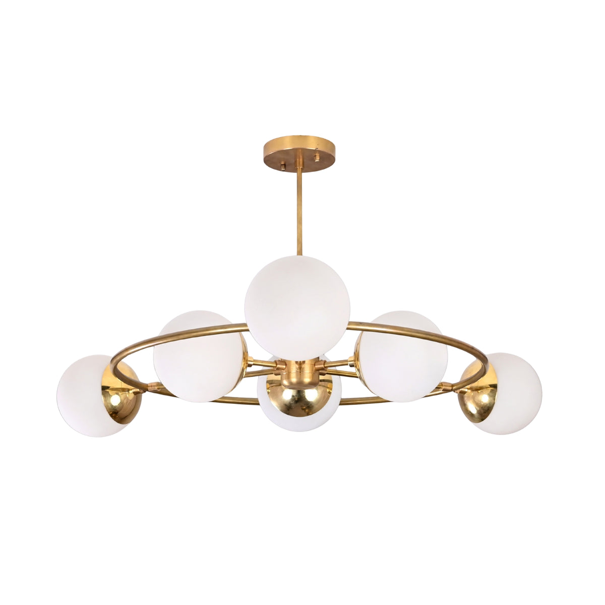 Aria Orbit Globe Chandelier with six glowing globe shades and circular mid century modern ceiling design.