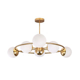 Aria Orbit Globe Chandelier with six glowing globe shades and circular mid century modern ceiling design.